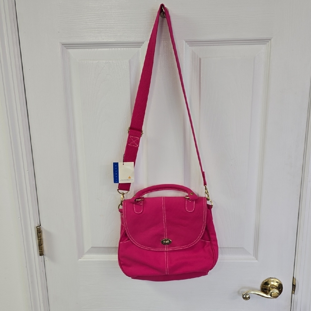 Vintage NWT Liz Claiborne Hand Shoulder Canvas Bag Fuschia Pink Straps Gold Tone